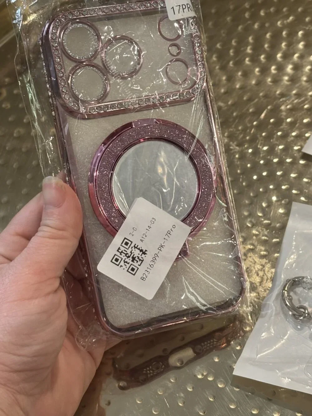 NIB Pink Glitter Magnetic Case & Rhinestone Pearl Wristlet Set iPhone 17 Pro